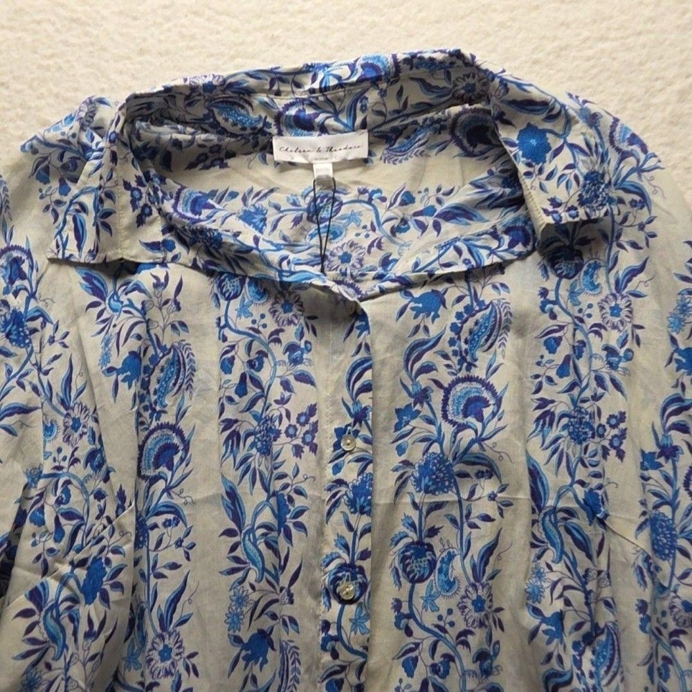 Chelsea & Theodore Woman 3X Blue White Floral Paisley Cotton ButtonUp Blouse NWT